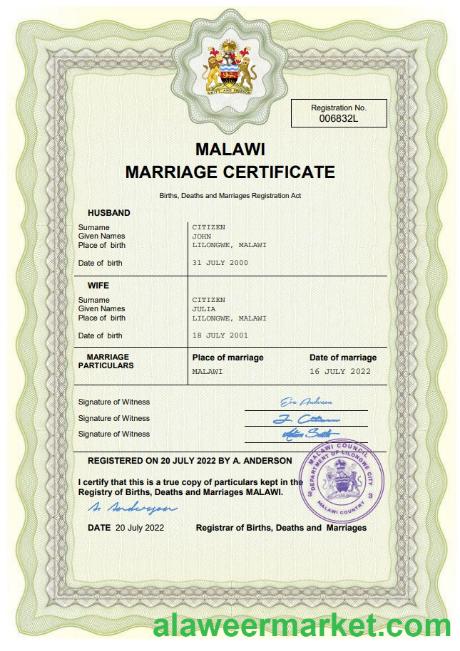 Malawi marriage certificate Word and PDF template